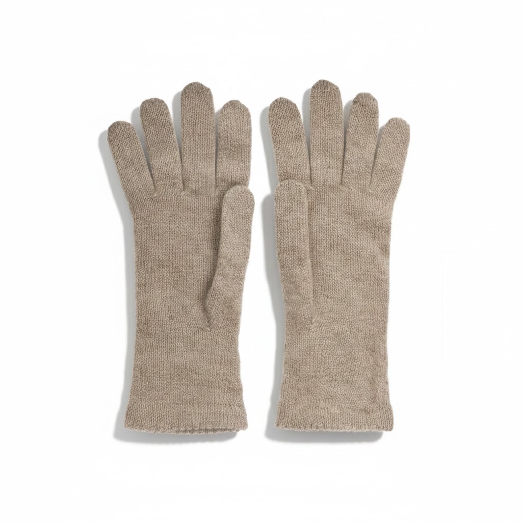 Guanti da donna in puro cashmere 100% colore sesamo con bordo smerlato